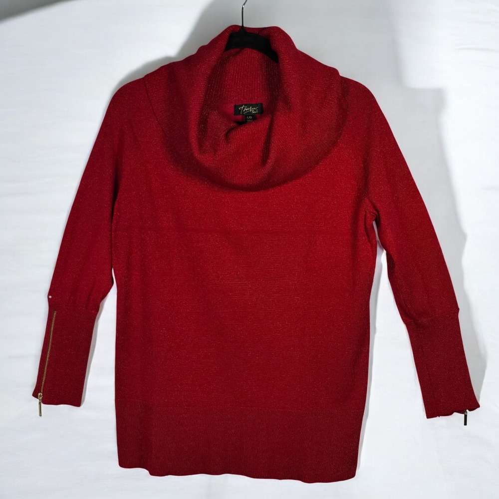 Thalia Sodi Sweater Women Large Red Sparkled Cowl Neck Long Sleeve Zipper Cuff